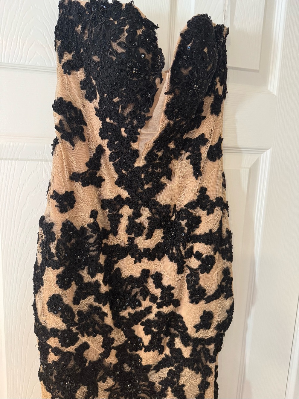 Sherri Hill StraplessBlack Appliqué Nude Evening Gown - Picture 4 of 8